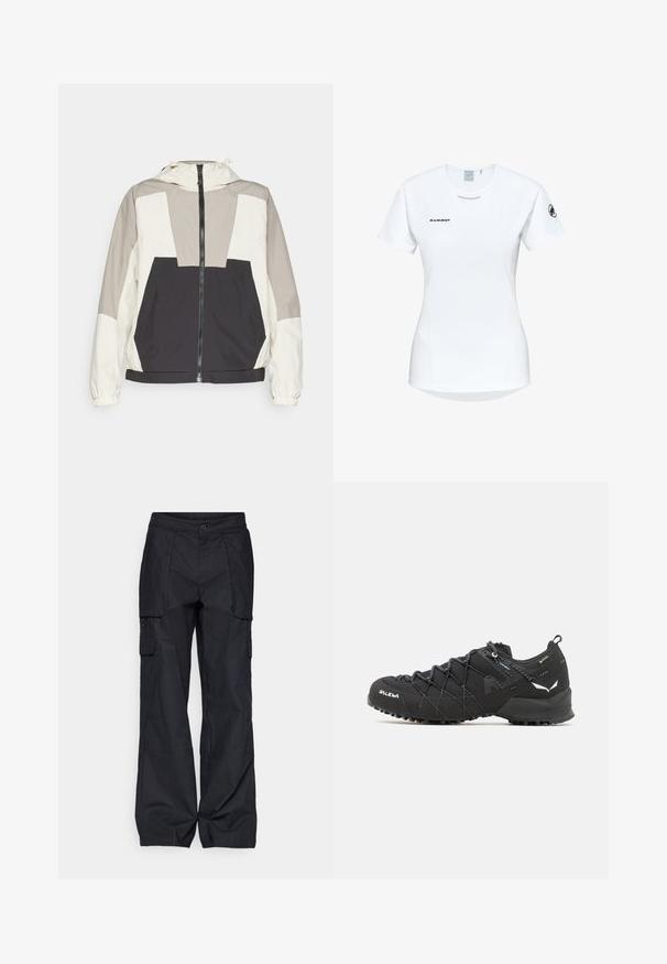 Kleurgebroke windjack met een beige, grijze en zwarte stijl, een ritssluiting aan de voorkant en elastische manchetten. Lichtgewicht stof met een capuchon.; Korte mouwen witte sportshirt met een ronde halslijn, voorzien van een logo op de borst en een gladde, lichte stoftextuur.; Columbia BREA FALLS™ COTTON RIPSTOP PANT - Outdoorbroeken - black; Zwarte wandelschoenen met een bovenkant van textuurstof, een vetersysteem en een robuuste rubberen zool. Verfraaid met reflecterende details en logo's.