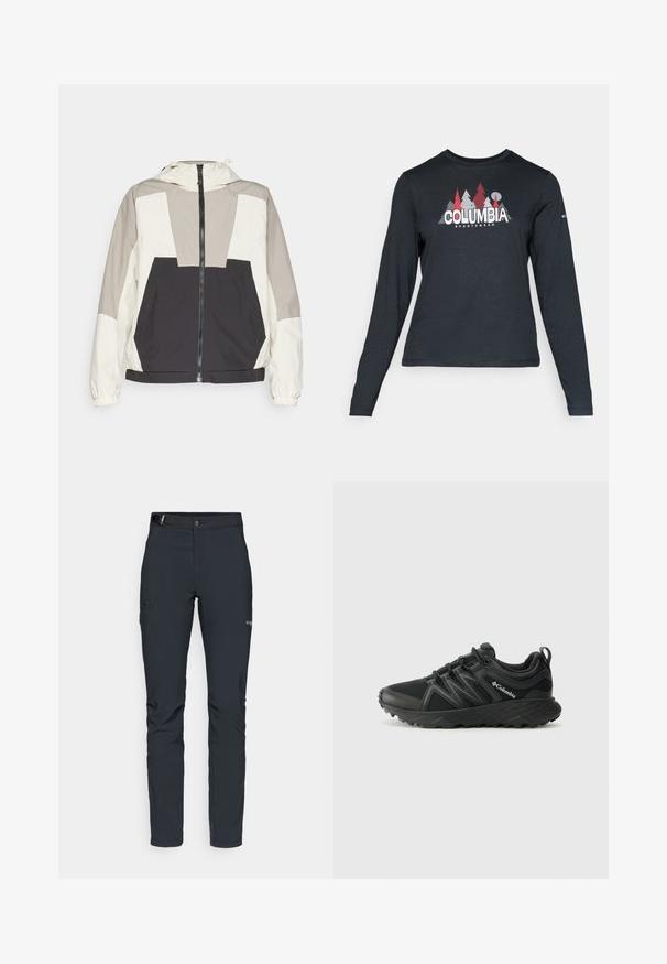 Kleurgebroke windjack met een beige, grijze en zwarte stijl, een ritssluiting aan de voorkant en elastische manchetten. Lichtgewicht stof met een capuchon.; Langsluitend donkergrijs shirt met lange mouwen, versierd met een grafisch ontwerp van rode bomen en bergen; het "COLUMBIA"-logo in vet witte tekst. Zacht materiaal, standaard ronde hals.; Heren buitenbroeken, donkergrijs, gemaakt van flexibel materiaal, met een riem, ritszakken en verstevigde stiksels.; Columbia PEAKFREAK - Outdoorschoenen - black