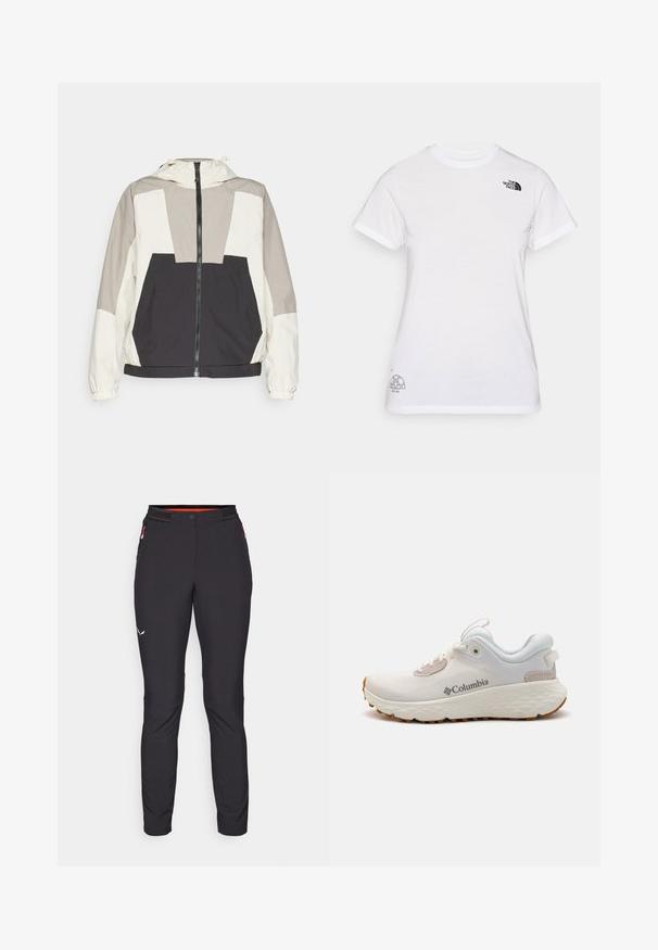 Kleurgebroke windjack met een beige, grijze en zwarte stijl, een ritssluiting aan de voorkant en elastische manchetten. Lichtgewicht stof met een capuchon.; Witte katoenen t-shirt met een zwart logo op de linkerborst en een grijs grafisch ontwerp rechtsonder. Klassieke ronde hals en korte mouwen.; Salewa PEDROC PANT - Outdoorbroeken - black out; Lichtgewicht Columbia sportieve schoen in witte mesh met een gestructureerde grijze zool en rubberen grip. Voorzien van een gewatteerde kraag en vetersluiting.