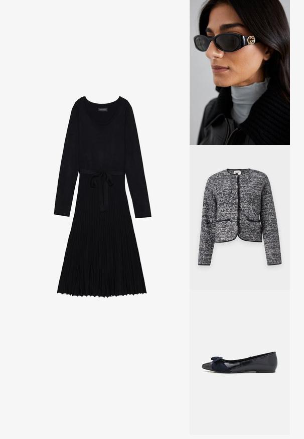 Gray and black textured jacket with a rounded neckline, five metallic buttons, and two front pockets, finished with black trim.; Black dress with long sleeves, scoop neckline, and a belted waist design. Features a ribbed texture and flowy, pleated skirt.; Navy ballet flats with a glossy patent finish and a textured suede bow detail on the toe, featuring a rounded toe and flat sole.; Black sunglasses featuring a sleek rectangular frame with a gold logo accent on the side. Dark lenses and glossy finish are prominent.; Black shoulder bag made from smooth material, featuring a curved shape, gold zipper, and a gold embossed logo accent on the front.