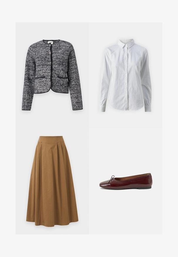 Chaqueta texturizada gris y negra con cuello redondeado, cinco botones metálicos y dos bolsillos frontales, terminada con ribetes negros.; Camisa blanca de botones hecha de algodón suave, con un cuello clásico, mangas largas y un dobladillo curvado. Los botones son pequeños y blancos.; Falda de algodón marrón en corte A con una cintura alta, que presenta plisados en la parte frontal y una textura suave. Los acabados del dobladillo son limpios y simples.; Bailarina de charol burdeos con punta redonda, pequeño lazo en la parte frontal y una suela baja de goma negra. Textura suave.