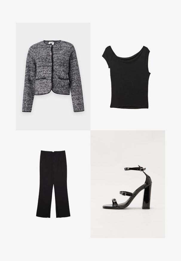 Siva i crna teksturirana jakna s okruglim izrezom, pet metalnih dugmadi i dva prednja džepa, s crnim obrubom.; Crna majica kratkih rukava od glatkog materijala; ima drapirani izrez i asimetrični donji rub, uz prilagođeni kroj tijela.; Crne hlače ravnog kroja, s prednjim džepovima i bočnim prorezima na rubu. Izrađene od mekog i glatkog materijala. Pogodne za razne prigode.; Crne lakirane sandale na pete sa kvadratnim nosom, trakama oko gležnja i srebrnim kopčama. Imaju čvrst blok petu za stabilnost.