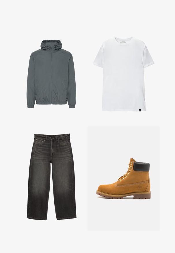 Szürke, könnyű kapucnis dzseki, cipzáros elülső rész, elasztikus mandzsetták, oldalsó zsebek és sima textúra, amelyet mindennapi viseletre terveztek.; Fehér, izmos szabású póló, tiszta pamutból készült. Kerek nyak, rövid ujjú, sima tapintású. Kis fekete logó címke az alsó szegélyen. Egyszerű dizájn.; Fekete, széles lábú farmernadrág, elülső zsebekkel, övhurkokkal és gombos záródással, amely finom fakulással és gyűrődéssel rendelkezik.; Barna velúr bokacipő fekete párnázott gallérral, arany fém fűzőlyukakkal, fehér varrási részletekkel és durva gumitalppal, amelynek kifejezett barázdái vannak.