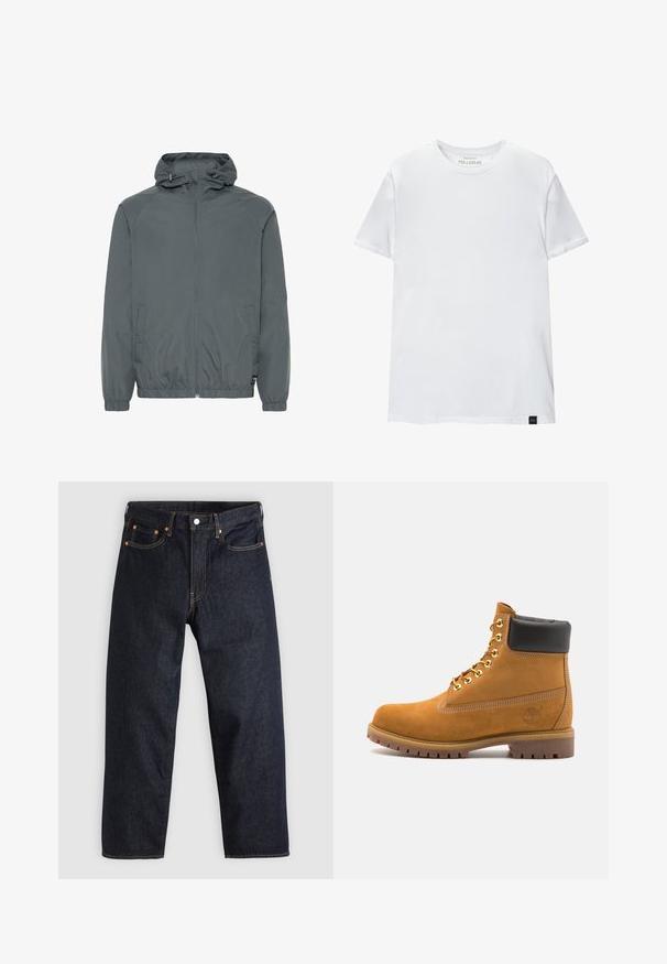 Graue, leichte Jacke mit Kapuze, Reißverschluss vorne, elastischen Bündchen, Seitentaschen und einer glatten Textur, entworfen für den Freizeitgebrauch.; Weißes Muskel-fitt T-Shirt aus Baumwolle. Rundhals, kurze Ärmel, glatte Textur. Kleines schwarzes Logo-Tag am Saum. Schlichtes Design.; Dunkelblaue Jeans aus Denim mit geradem Schnitt, fünf Taschen, kontrastierenden orangen Nähten und einem Knopfverschluss. Keine sichtbaren Muster oder Verzierungen.; Beige Wildleder-Ankle-Boot mit schwarzem gepolstertem Kragen, goldenen Metallösen, weißen Nähdetalben und einer robusten Gummisohle mit ausgeprägtem Profil.