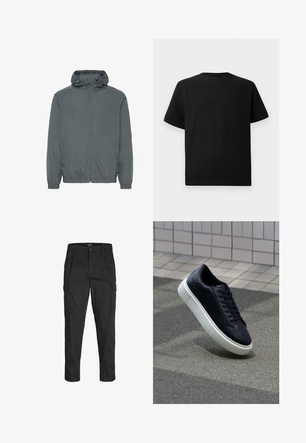 Pelēks viegls jaka ar kapuci, ar rāvējslēdzēju priekšpusē, elastīgām aprocēm, sānu kabatām un gludu tekstūru, paredzēta ikdienas valkāšanai.; Melnās īsām piedurknēm T-krekls no teksturēta auduma, ar apaļu kakla izgriezumu un brīvu piegriezumu. Vienkāršs, bez rakstiem vai akcentiem.; Melnas kravas bikses, izgatavotas no izturīga auduma, ar vairākiem kabatām, pogu aizdari un šaura piegriezuma dizainu ar sašaurinātiem kāju apakšiem.; Melnas ādas kedas ar noapaļotu pirkstu un baltu gumijas zoli. Iespējas - plakanas šņorītes un minimāla apdare augšdaļā. Struktūrēta zole, lai nodrošinātu saķeri.