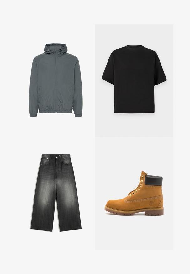 Szürke, könnyű kapucnis dzseki, cipzáros elülső rész, elasztikus mandzsetták, oldalsó zsebek és sima textúra, amelyet mindennapi viseletre terveztek.; Fekete rövidujjú póló laza szabással, sima pamutból készült, kerek nyakkivágással és minimalista dizájnnal.; Széles szárú, elhasználódott fekete farmernadrág, klasszikus öt zsebes dizájnnal és enyhén textúrált felülettel. Fém részletek.; Barna velúr bokacipő fekete párnázott gallérral, arany fém fűzőlyukakkal, fehér varrási részletekkel és durva gumitalppal, amelynek kifejezett barázdái vannak.