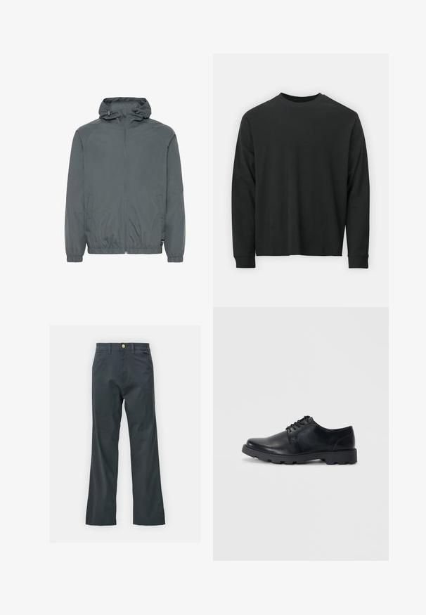 Pelēks viegls jaka ar kapuci, ar rāvējslēdzēju priekšpusē, elastīgām aprocēm, sānu kabatām un gludu tekstūru, paredzēta ikdienas valkāšanai.; Garās piedurknes melna T-kreklā, izgatavota no kokvilnas, ar apaļu kakla izgriezumu, brīvu piegriezumu un ribotām piedurknēm. Gluda tekstūra bez redzamām rakstainēm.; Melnas bikses ar taisnu kāju griezumu, izgatavotas no kokvilnas maisījuma auduma. Tām ir metāla pogas aizdare un sānu kabatas. Nav redzamu rakstu.; Melnas ādas auklējamas kurpes ar noapaļotu purngalu, zemu profilu gumijas zoli un smalku šuvju detalizāciju gar malām.