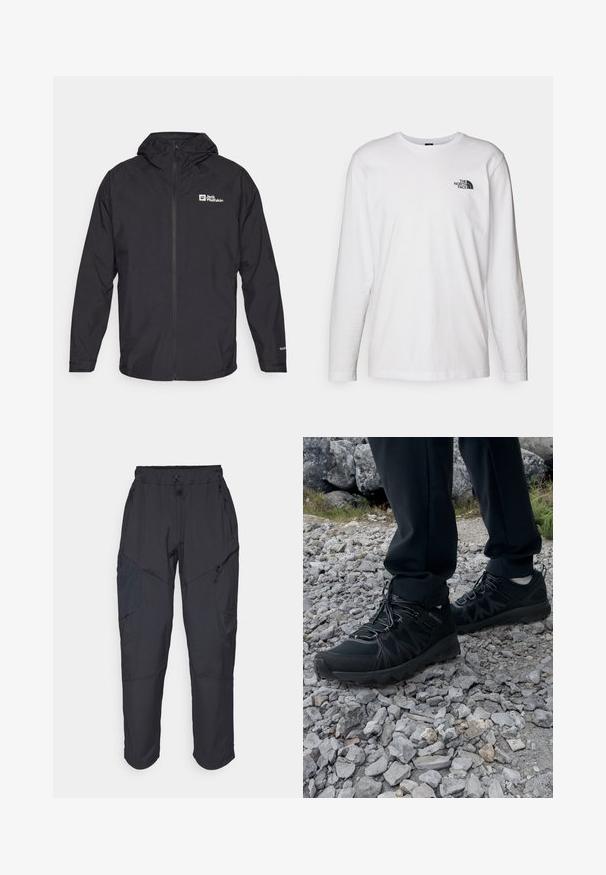 Giacca con cappuccio nera realizzata in materiale leggero e impermeabile, con zip frontale e logo sul lato sinistro del petto. Inclusi polsini elasticizzati.; T-shirt bianco a maniche lunghe in cotone con colletto rotondo. Presenta un piccolo logo nero sul petto. Texture liscia, vestibilità regolare.; Pantaloni cargo neri realizzati in un materiale leggero e resistente all'acqua; presentano una vita elastica, diverse tasche con zip e gambe affusolate.; Scarpe da esterni nere realizzate in mesh e materiale sintetico, con una parte superiore testurizzata, un sistema di allacciatura sicuro e una suola robusta, su terreno roccioso.
