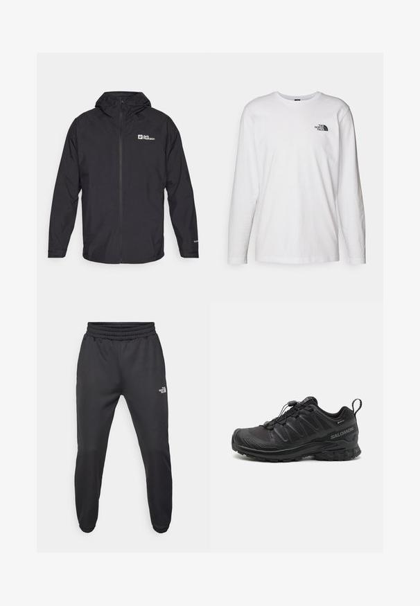 Giacca con cappuccio nera realizzata in materiale leggero e impermeabile, con zip frontale e logo sul lato sinistro del petto. Inclusi polsini elasticizzati.; T-shirt bianco a maniche lunghe in cotone con colletto rotondo. Presenta un piccolo logo nero sul petto. Texture liscia, vestibilità regolare.; Pantaloni sportivi neri con vita regolabile tramitecordino, vestibilità affusolata, polsini elasticizzati e un piccolo logo bianco sulla coscia sinistra, realizzati in tessuto morbido.; Scarpa sportiva nera con parte superiore in sintetico testurizzato, suola imbottita e sistema di allacciatura rapida. Presenta una punta e un tallone rinforzati.