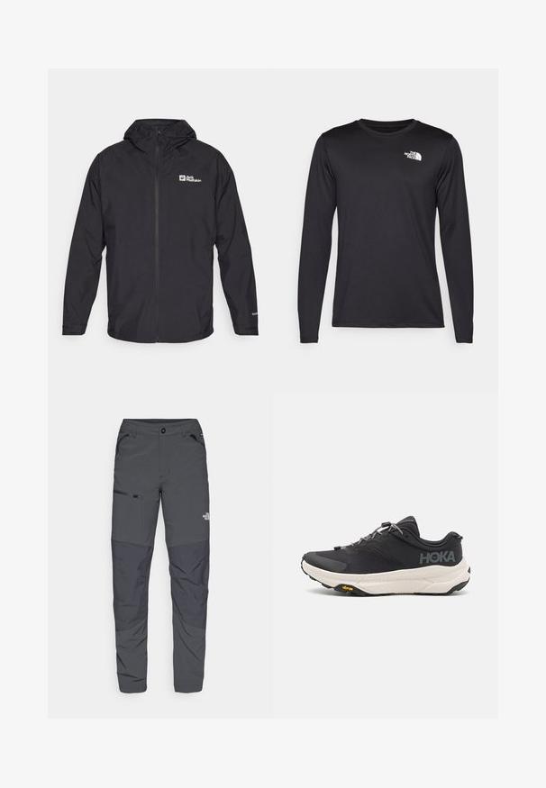 Melnā kapuces jaka, izgatavota no viegla, ūdensizturīga materiāla, ar priekšējo rāvējslēdzēju un logo kreisajā krūtī. iekļautas elastīgas piedurknes.; Garās piedurknes melna sporta t-kreklu, izgatavots no viegla auduma, ar baltu logo augšējā kreisajā krūtī. Gluda tekstūra.; Pelēki outdoor bikses ar gludu tekstūru, ar sānu kabatu ar rāvējslēdzēju, pastiprinātiem ceļgaliem un diskrētu logotipa detaļu.; Melna sporta kurpe ar teksturētu virsu, pelēkiem akcentiem, atstarojošiem elementiem un biezu baltu zoli, kas rotāta ar Vibram zīmolu.