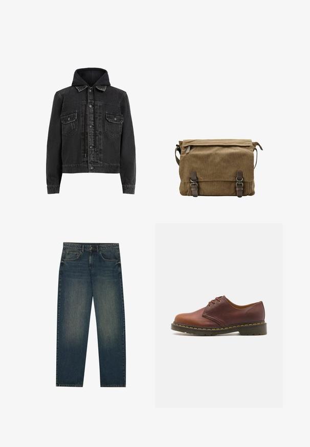 AllSaints SPIRIT - Jeansjacka - black; Vit bomullströja med rund halsringning, korta ärmar och en avslappnad passform. Har en enkel design utan mönster eller accenter.; Mörkblå denimjeans med rak modell, femfickorsdesign och en lätt blekt textur på benen. Lämpliga för avslappnad användning.; Bruna läderskor med en slät yta, rund tå och snörning med fem öglor. Har gul söm längs sulan och en texturerad klack.; Brun kanvas budväska med klaffstängning, som har två läderremmar, metallhängslen och en sidoficka med dragkedja.