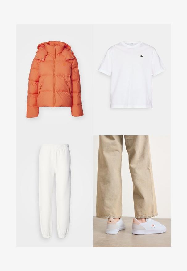 Narančasta puffer jakna s visokim ovratnikom, patentnim zatvaračem sprijeda i bočnim džepovima. Izrađena od kviltanog materijala, s logotipom na prsima.; Bijela pamučna majica s okruglim izrezom i kratkim rukavima. Ima zeleni izvezeni logo na prsima. Mekana tekstura, opušteni kroj.; Bijele dukserice od mekog, pletenog materijala. Elastična pojas i manžetne pružaju opuštenu siluetu. Minimalistički dizajn, bez vidljivih uzoraka ili detalja.; Bijele tenisice s glatkom kožnom završnom obradom, s bež suknom kao naglasak na peti i suptilnim oznakama branda. Uparene s svijetlim bež hlačama.