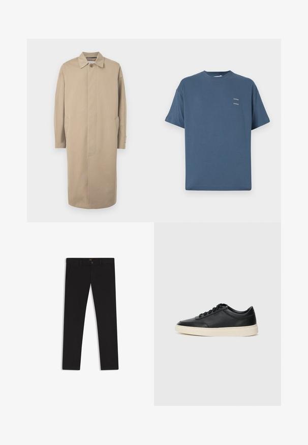 Abrigo largo color camel con cierre de un solo botón, bolsillos laterales y corte recto. Confeccionado en una tela suave con mínimos detalles de costura.; Camiseta de algodón azul con cuello redondo clásico, mangas cortas, corte relajado y dos pequeños logotipos impresos en el pecho. Textura suave.; Pantalones negros de tela con una textura suave. Cuentan con cierre de botón, trabillas para cinturón y bolsillos laterales. Diseño de pierna recta estándar.; Zapatilla negra de piel de caña baja con cordones negros y suela color crema, mostrada en perfil lateral sobre fondo blanco.