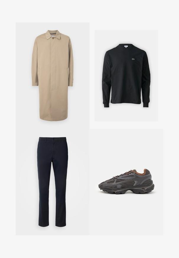Cappotto lungo color sabbia con chiusura a un solo bottone, tasche laterali e taglio dritto. Realizzato in un tessuto liscio con dettagli di cucitura minimi.; T-shirt a maniche lunghe nera in cotone, con scollatura rotonda e un piccolo logo di coccodrillo ricamato in verde sul lato sinistro del petto.; Pantaloni blu navy realizzati in tessuto liscio, con un design a gamba dritta, passanti per cintura e chiusura con bottone e zip.; Sneaker Lacoste grigie scure in materiale mesh e sintetico, con suola testurizzata e dettagli marroni sul colletto e sul branding.