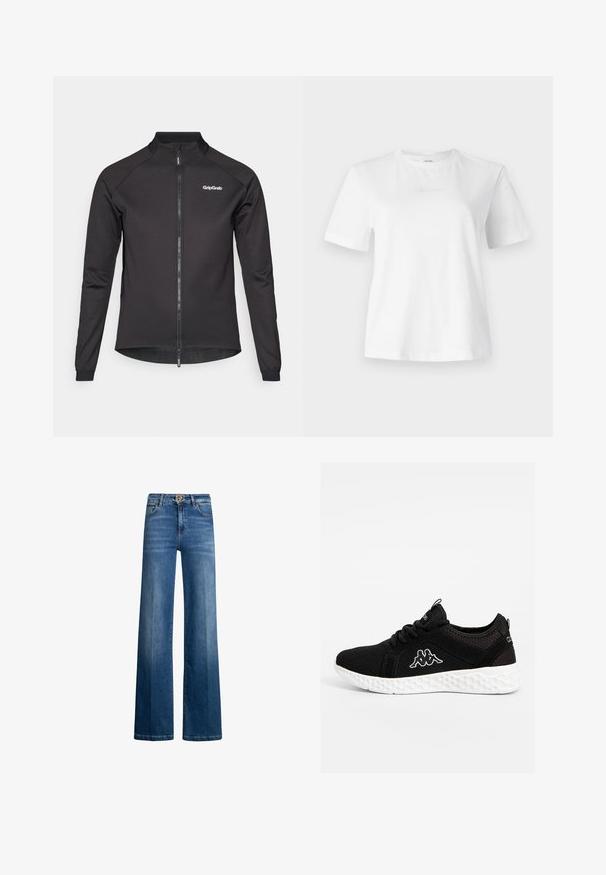 Sort cykelsjætte med lynlås foran, lange ærmer og høj krave. Har GripGrab-logoet på venstre bryst og mesh-detaljer ved kanten.; Hvid bomulds T-shirt med korte ærmer, rund halsudskæring og et diskret prægede Calvin Klein logo på forsiden. Glat tekstur, klassisk pasform.; Bredde ben jeans i indigo denim, med høj talje, sølv hardware og klassisk fem-lomme design. Glat tekstur med subtilt falmning.; Sort atletisk sko med overdel i mesh, hvid gummisål med et struktureret hexagonalt mønster og et Kappa-logo i hvidt på siden.