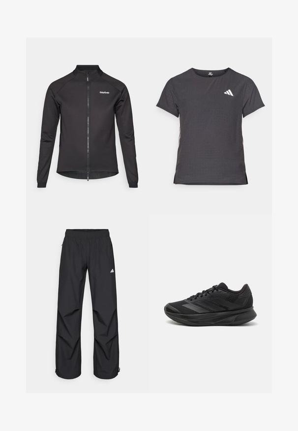 Zwarte fietsjack met een ritssluiting aan de voorkant, lange mouwen en een hoge kraag. Bevat het GripGrab-logo op de linker borst en heeft mesh accenten aan de zoom.; Korte mouwen sport t-shirt, donkergrijs met geperforeerde textuur. Bevat een wit logo en contrasterende zijstrepen. Ronde halslijn.; Zwarte, lichtgewicht, waterdichte broek met een elastische tailleband, zijzakken en verstelbare boorden. Voorzien van een wit logo op de linker bovenbeen.; Zwarte hardloopschoen met een ademende mesh bovenkant, ronde neus, slank ontwerp, textuuraccenten en een gevoerde zool voor comfort.