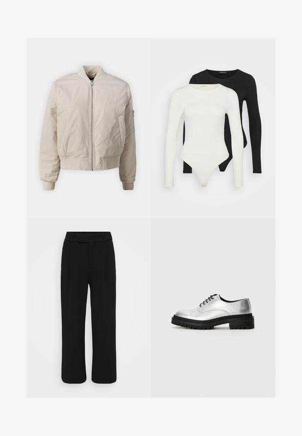 Ανοιχτό μπεζ μπόμερ με μπροστινό φερμουάρ, δύο πλαϊνές τσέπες, ριγέ μανσέτες και ριγέ μέση. Λείο, γυαλιστερό υλικό με ελάχιστο σχέδιο.; Δύο κορμάκια με μακριά μανίκια σε άσπρο και μαύρο χρώμα. Κατασκευασμένα από απαλό ύφασμα, διαθέτουν στρογγυλές λαιμές και εσώρουχο σε στύλ θόνγκ για κομψή εφαρμογή.; Μαύρο παντελόνι με φαρδιά γραμμή από λεία ύφασμα, διαθέτοντας επίπεδο μπροστινό μέρος, θηλιές ζώνης και χωρίς ορατές τσέπες. Καθαρός, κομψός σχεδιασμός.; Ασημένια δερμάτινα οξφόρντ παπούτσια με στρογγυλή μύτη, μαύρη καουτσούκ σόλα και μαύρες κορδόνες. Διαθέτουν ελάχιστες ραφές στα πλάγια.