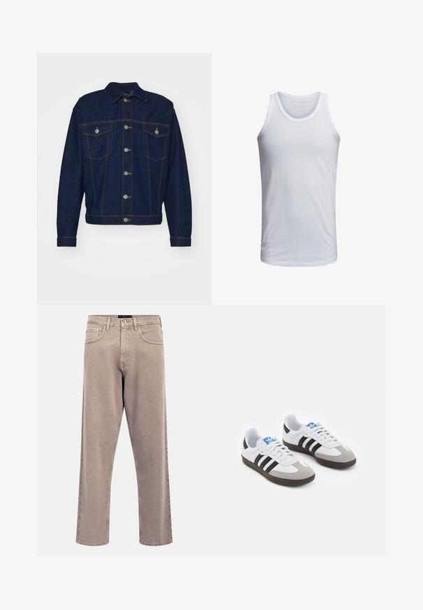 Only & Sons ONSJUST BOX JACKET - Jeansjakke - dark blue denim; Hvit bomullstopp med rund hals, brede skulderstropper og minimal merking trykt inni kragen. Myk tekstur, ledig passform.; Lyse beige jeans med rette ben, lett falmet tekstur, fem-lommers design og metallknapp lukking. Fremtredende sømdetaljer.; Sportssko med en hvit skinnoverdel, grå semsket tå og tre svarte striper. Har en blå logo på tungen og en teksturert gummisåle.