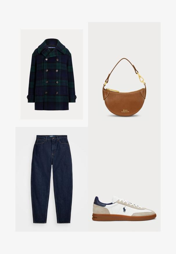 Topeltrinnaline meremehe mantel tumedsinises ja rohelises ruudulises mustris. Valmistatud villast, põhjakraega ja suurte pruunide nuppudega. Omab küljetaskuid.; Kreemivärvi nööriga kudum, millel on V-kaelus, ja mis sisaldab tumesiniseid ja helesiniseid triibusid krae ja alumise äärise peal.; Tumedast rohelisest pika varrukaga T-särgist, millel on vasakul rinnal väike lillakas tikitud hobuse logo, esitatud valgel taustal.; Tumedast sinisest denimist sirge jala lõikega teksad, millel on oranž õmblemine, ees nupukinnitus ja viis taskut.; Valged ja beežid sneakers, mille pealis on valmistatud nahast ja sugudest, mereväe aktsentidega ning pruuni kummitaldaga. Omab logot külgedel ja paeltega disaini.; Pruun nahast kott, millel on kõver kuju ja kuldne riistvara. Varustatud ülemise tõmblukuga ja esiküljel reljeefne logo. Kaasa on lühike käepide.