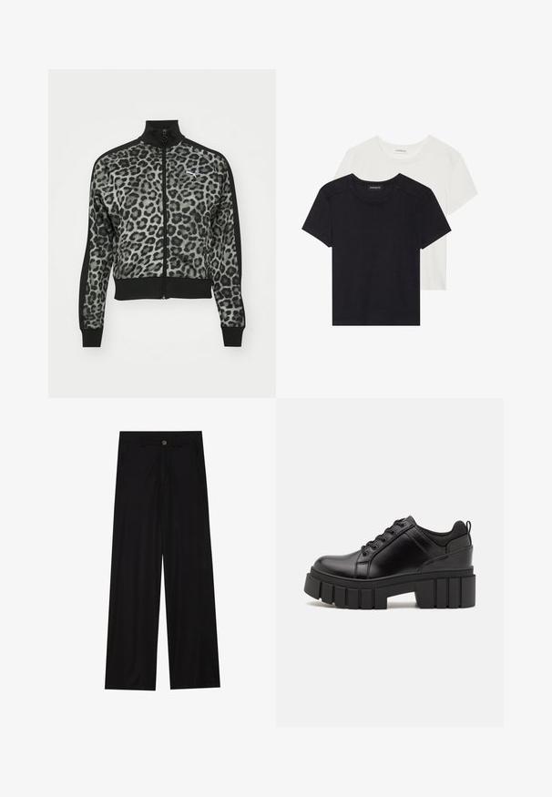 Leopárdmintás, cipzáros dzseki fekete kiegészítőkkel, magas gallérral és bordázott mandzsettákkal. Puha anyagból készült, testhezálló fazonban, logódísszel.; Két rövid ujjú póló fekete és fehér színben. Puha pamutból készült, kerek nyakkivágással és szabványos illeszkedéssel, minimális varrási részletekkel.; Lazán szabott, sima anyagú fekete nadrág, elülső zsebekkel és gombos derékzárral. Minimalista dizájn, minta nélküli.; Fekete bőr platform cipők vaskos blokk sarkakkal, kerek orral és hagyományos fűzős kialakítással. Simára csiszolt felület és minimális részletezés jellemzi.