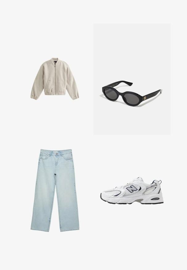 New Look TEXTURED - Bomber Jacket - cream; White short-sleeve t-shirt made from smooth fabric, featuring a round neckline and subtle stitching details at the hem.; Light blue wide-leg jeans in denim, featuring a high waist, five pockets, and subtle fading. Straight cut with hemmed edges.; White athletic shoe with mesh upper, navy accents, and cushioned sole. Features "N" logo, laces, and textured detail on side.; Black oval sunglasses with dark lenses and glossy plastic frame. Features gold logo on the temple, offering a sleek and modern design.
