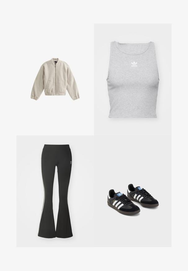 New Look TEXTURED - Blouson Bomber - cream; Top court sans manches gris en tissu doux, avec un col rond et un petit logo Adidas blanc sur la poitrine.; Leggings évasés noirs en tissu extensible, dotés d'une taille haute et de rayures blanches sur les côtés. Comprend un petit logo à la taille.; Des baskets noires avec une tige en suède et en matériaux synthétiques, dotées de trois rayures blanches, d'une semelle en caoutchouc texturé et d'une étiquette de logo bleue sur la languette.