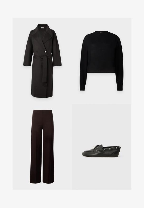 Cappotto nero realizzato in un tessuto testurizzato, con una parte anteriore doppiopetto, colletto ampio e una cintola coordinata in vita.; Maglione cropped nero a maniche lunghe con collo rotondo. Realizzato in un materiale leggero con una texture liscia e un design minimale.; Pantaloni neri a gamba larga con vita elastica, realizzati in un tessuto liscio e stretch. Presentano un design pulito senza fantasie.; Scarpe da barca in pelle nera con punta arrotondata, allacciatura frontale, occhielli in metallo e suola piatta. Presentano una piccola linguetta sul retro.