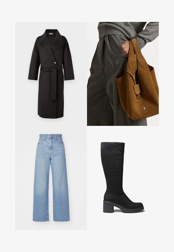 Cappotto nero realizzato in un tessuto testurizzato, con una parte anteriore doppiopetto, colletto ampio e una cintola coordinata in vita.; Maglione beige a collo alto con lavorazione a maglia grossa e orlo a coste. Presenta maniche lunghe e una vestibilità comoda, realizzato in un morbido materiale tessile.; Jeans a vita alta blu chiaro con gamba larga, chiusura frontale con bottone e zip, tasche anteriori e posteriori, su uno sfondo bianco.; Stivale alto in suede nero con tacco chunky e punta rotonda, stile per la moda invernale o autunnale.; Borsa a tracolla in suede marrone con forma arrotondata, doppi manici e un accento in metallo. Presenta un piccolo logo sul davanti.