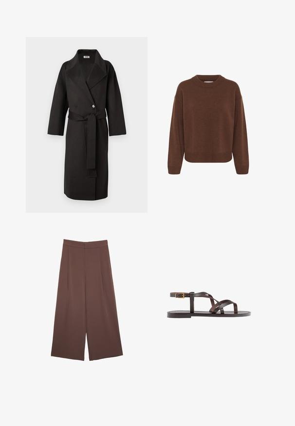 Cappotto nero realizzato in un tessuto testurizzato, con una parte anteriore doppiopetto, colletto ampio e una cintola coordinata in vita.; Maglione marrone a maglia, con scollatura rotonda, spalle scese, polsini a coste e orlo dritto. Tessuto morbido con una spessore medio.; Pantaloni ampi marroni con una texture liscia, caratterizzati da una vita alta e pieghe frontali. Il tessuto è leggero e scorre liberamente.; Sandal in pelle marrone con cinturini incrociati, chiusura con cinturino alla caviglia e suola piatta con dettagli di cucitura minimi.