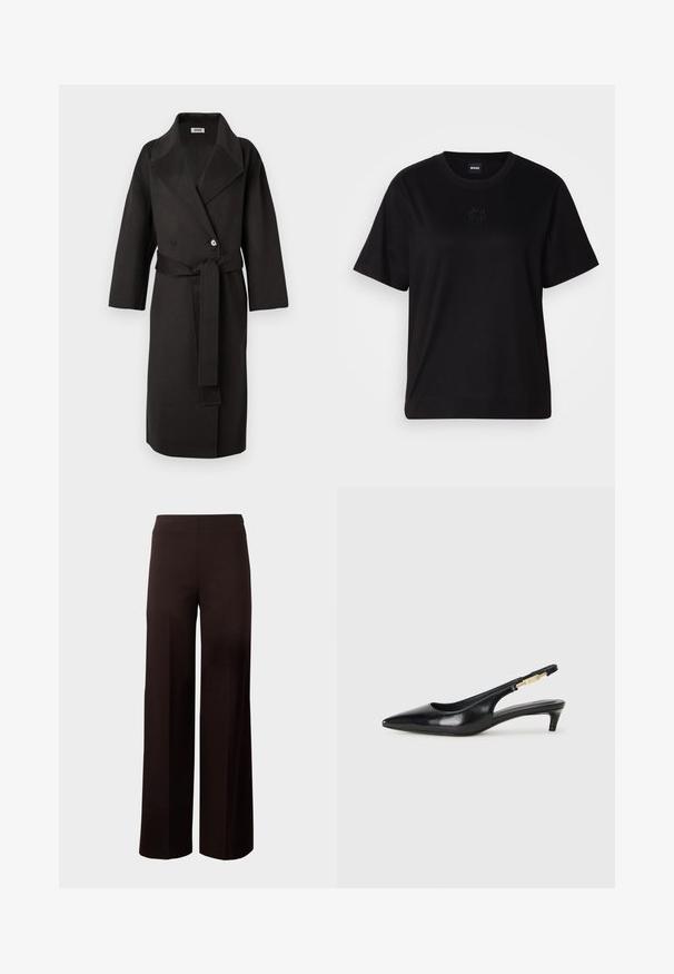 Černý kabát vyrobený ze strukturované látky, s dvojitým zapínáním vpředu, širokým límcem a odpovídajícím páskem v pase.; Černé bavlněné tričko s kulatým výstřihem, krátkými rukávy a vyšitým logem na hrudi. Jednoduchý, volný střih bez vzorů.; Černé široké kalhoty s elastickým páskem, vyrobené z hladkého, pružného materiálu. Mají čistý design bez vzorů.; Černé kožené boty na podpatku s otevřenou patou a špičatou špičkou, s tenkým podpatkem a zlatým akcentem na nastavitelném pásku. Hladký povrch.