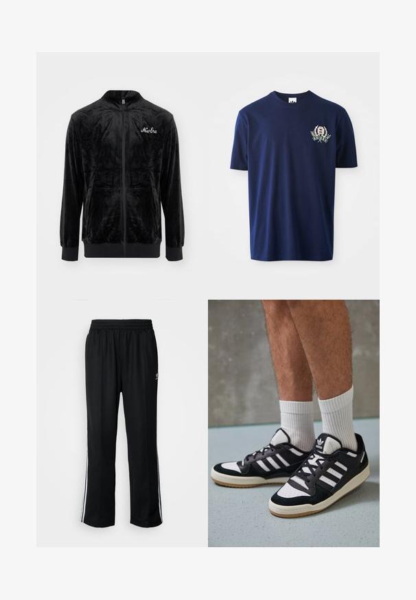 Črna žametna jakna z zadrgo in visokim ovratnikom, z ribastimi manšetami in pasom. Ima bel logotip "New Era" na levem prsnem delu. Mekana tekstura.; Temno modra bombažna majica s kratkimi rokavi, okroglim ovratnikom in vezenim logotipom z lovorovimi poudarki na levi strani prsnega koša.; Črne atletske hlače z elastičnim pasom, ki imajo bele stranske črte in majhen logo. Material izgleda mehak in lahek.; Črno-bele superge z zgornjim delom iz usnja in nubuka, ki imajo tri bele črte, perforiran vrh prstov in podplat iz gume.