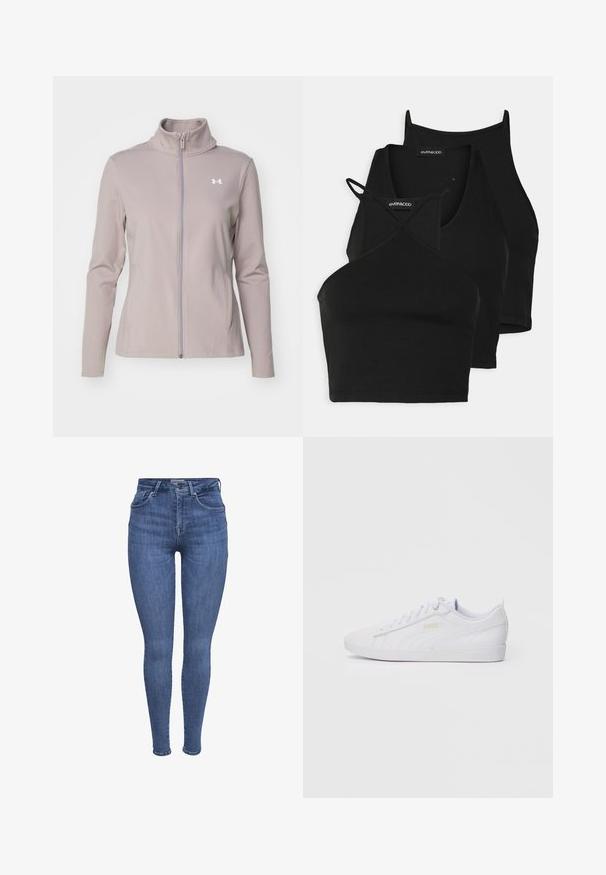 Under Armour MOTION JACKET - Tréningová bunda - tetra gray/white; Čierne skrátené tričká z mäkkého, elastického materiálu s tenkými ramienkami a prekríženým dizajnom. Obsahuje zaoblený výstrih a hladké zakončenie.; Modré úzke džínsy s vysokým pásom, prednými vreckami, zapínaním na gombík a zips, a pútkami na opasok, zobrazené na bielom pozadí.; Biele nízkopriehnuté tenisky Puma s šnurovaním vpredu, decentným brandingom na boku a podošve a hladkým syntetickým zvrškom, ideálne na príležitostné nosenie.