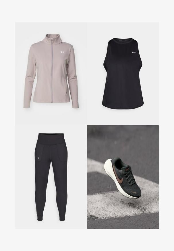 Under Armour MOTION JACKET - Treningsjakke - tetra gray/white; Svart ermeløs løpe-trøye laget av lett materiale med rund hals; har en subtil logo og sideslitser for pusteevne.; Svarte sportsleggings laget av elastisk materiale, med høy midje, sidelommer og tettsittende mansjetter ved ankelen.; Svart netting joggesko med en teksturert overdel, en brun Nike swoosh, og en hvit polstret såle, svevende over en grå overflate.