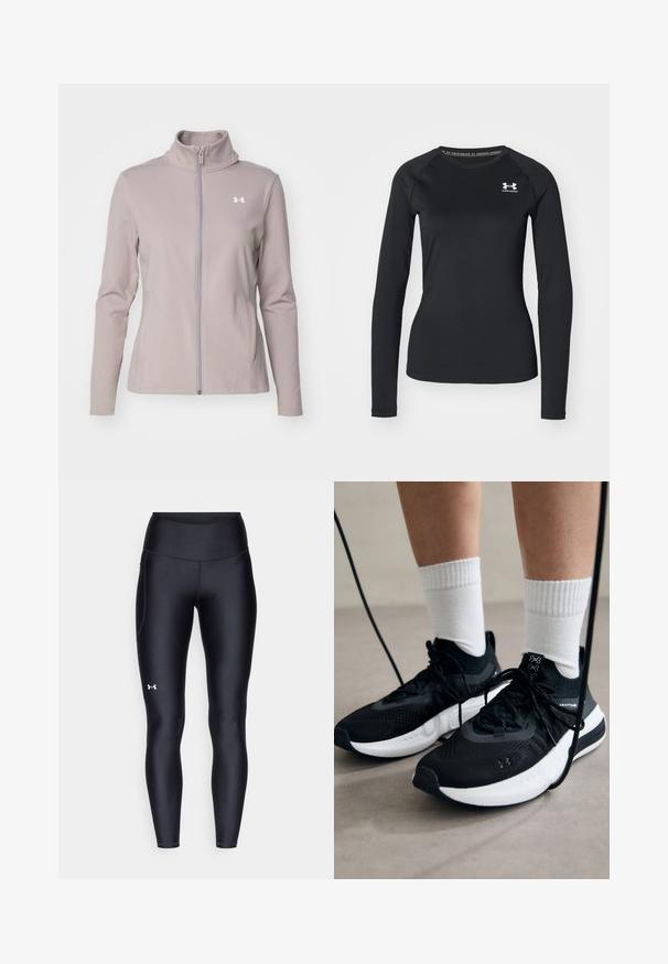 Under Armour MOTION JACKET - Sportinė striukė - tetra gray/white; Juoda ilgarankovė sportinė marškinėlė, pagaminta iš lygaus audinio, su apvaliu kaklu ir maža balta logotipu kairėje krūtinės pusėje.; Juodos leggingai, pagaminti iš lygaus, elastingo audinio su aukštu juosmeniu. Kairiajame šlaunyje yra baltas logotipas ir tvirta konstrukcija.; Juodi sportiniai batai su tekstūruotu audiniu, balta padu ir juodais raiščiais. Dėvimi su baltais raištiniais kojiniais, stovint lengvame paviršiuje.
