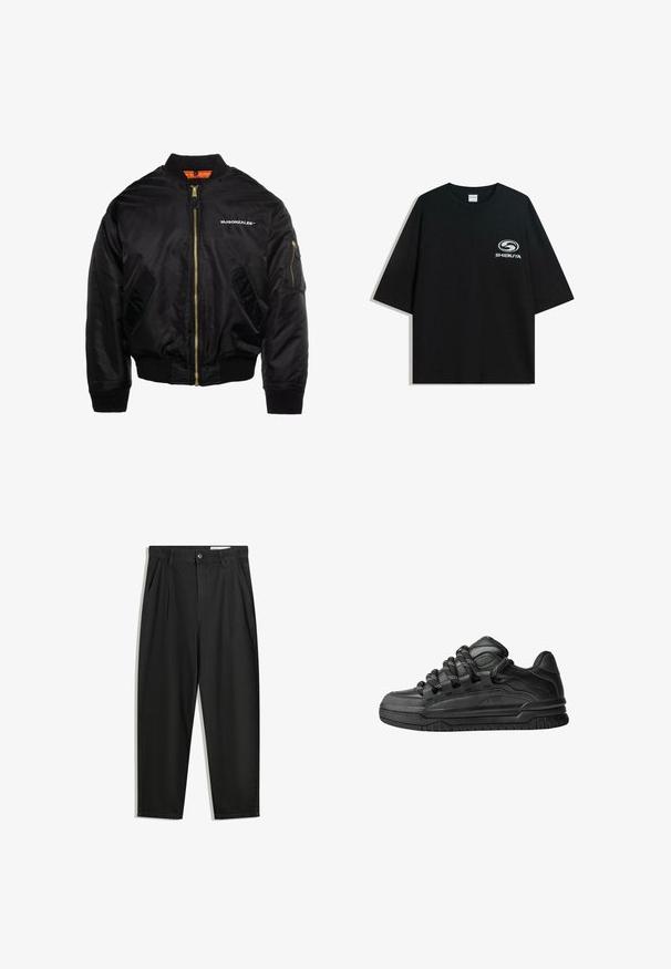 MJ Gonzales Giubbotto Bomber - black; T-shirt nera oversize in cotone con scollatura rotonda e maniche corte, con un logo bianco "Shibuya" stampato sul fronte.; Pantaloni in cotone neri con una vestibilità rilassata, dotati di una vita classica, pieghe frontali e tasche laterali. Tessuto liscio senza fantasie.; Sneaker nere con una toma in pelle liscia, dettagli testurizzati e lacci tondi neri e bianchi. Suola spessa in gomma con battistrada gommato.