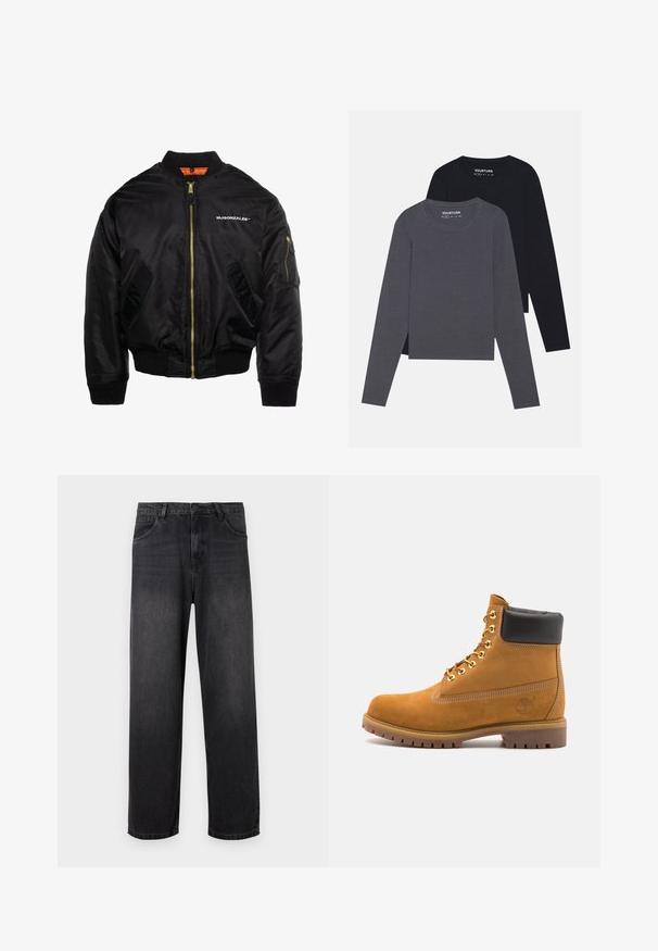 MJ Gonzales Bomber Jacket - black; YOURTURN 2 PACK UNISEX - Long sleeved top - dark grey/black; Dark gray denim jeans with a straight-leg design, featuring a zip fly, five pockets, and subtle fading details on the fabric.; Tan suede ankle boot with black padded collar, gold metal eyelets, white stitching detailing, and rugged rubber sole with pronounced treads.