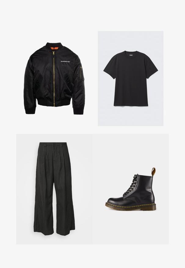 MJ Gonzales Bomberjacks - black; Zwarte korte mouwen T-shirt van katoen. Kenmerkt zich door een ronde halslijn en een ontspannen pasvorm. Eenvoudig ontwerp zonder zichtbare patronen of accenten.; Zwarte gestreepte wijde broek met plooien, met een op maat gemaakt ontwerp en een zachte textuur. Geen zichtbare hardware of accenten.; Zwarte leren enkellaars met gele stiksels, vetersluiting aan de voorkant, ronde neus en een gestructureerde rubberen zool. Voorzien van een trekband aan de achterkant.