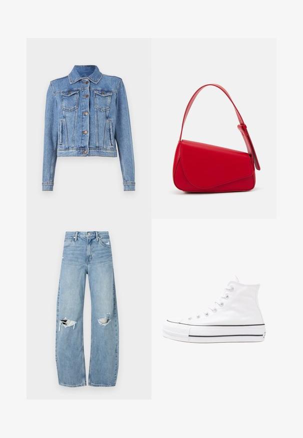 Jasnoniebieska kurtka dżinsowa z zapięciem na guziki, dwoma kieszeniami na piersi i prostymi rękawami; posiada widoczne szwy oraz klasyczny kołnierz.; Czarny, oversize t-shirt z grafiką niedźwiedzia i napisem „NIE UROCZY, ALE DZIKI” w grubej, białej czcionce. Materiał bawełniany.; Jasnoniebieskie, wysokiej talii dżinsy wykonane z denimu. Posiadają szerokie nogawki, dwa podarte miejsca na kolanach oraz klasyczne pięć kieszeni.; Białe wysokie trampki z płótna z czarną gumową podeszwą, przednim czubkiem z gumy i sześcioma dziurkami na sznurowadła, charakteryzujące się prostym, minimalistycznym designem.; Czerwona skórzana torebka o kanciastym, geometrycznym designie. Posiada jedną regulowaną rączkę oraz zapięcie na klapę z przeszyciami.