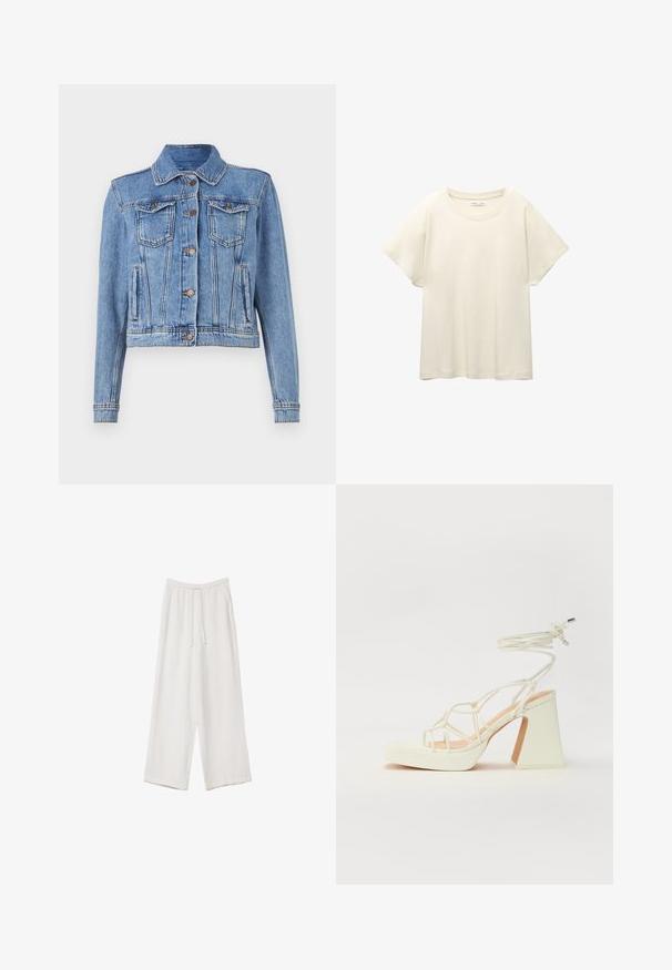 Svijetloplava traper jakna s dugmadi sprijeda, dva džepa na grudima i ravnim rukavima; sadrži vidljive šavove i klasičan ovratnik.; Svetlo bež kratkosleeven majica s okroglim ovratnikom, izdelana iz mehke, gladke tkanine. Ima sproščen kroj in raven rob.; Bele široke hlače iz lahkega materiala. Imajo elastičen pas s vrvico in stranske žepe. Gladka tekstura.; Bela sandala na visokih petah s debelim petam, ki ima obliko trakcev in vezanje okoli gležnja. Gladka tekstura z platformo spredaj za dodatno višino.