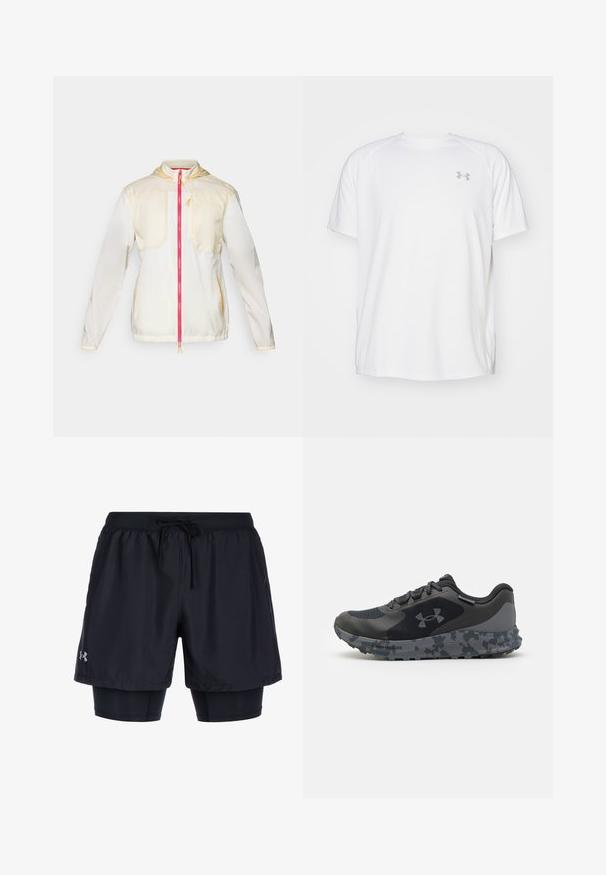 Chaqueta ligera de color crema con una cremallera delantera rosa, que cuenta con dos bolsillos en el pecho, puños elásticos y una capucha. Acentos amarillos en las costuras.; Camisa atlética de manga corta blanca, hecha de tejido suave. Presenta un cuello redondo y un logo gris en el lado izquierdo del pecho, con aberturas laterales en el dobladillo.; Pantalones cortos deportivos negros con cintura elástica y cordón de ajuste, que cuentan con una capa interior ajustada y el logo de Under Armour en el lateral.; Zapato deportivo negro con una parte superior texturizada, suela con patrón de camuflaje gris y cordones planos. Presenta el logo de Under Armour en el costado.