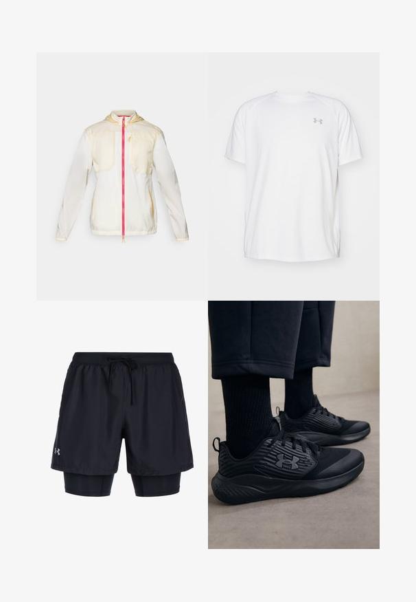 Lightweight, cream-colored jacket with a pink front zipper, featuring two chest pockets, elastic cuffs, and a hood. Yellow accents on seams.; White short-sleeve athletic shirt made of smooth fabric. Features a crew neck and gray logo on the left chest, with side slits at the hem.; Black athletic shorts with an elastic waistband and drawstring, featuring an inner fitted layer and Under Armour logo on the side.; Person wearing black athletic sneakers with textured sides and logo, paired with black socks and cropped pants on a light floor.