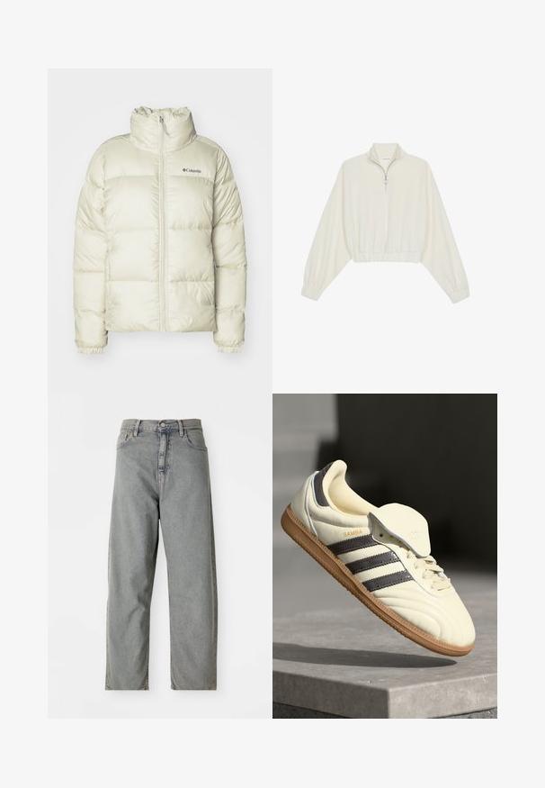 Bunda typu puffer v odtieni bielej s vysokým golierom, zipsom a elastickými manžetami. Vyrobená z prešívaného, vodeodolného materiálu s detailom loga.; Zkrátený pulover z krémového materiálu, s vysokým golierom, polovičným zipsom, elastickým lemom a manžetami, s hladkou textúrou a minimalistickým dizajnom.; Svetlo šedé džíny z denimu so strihom rovného nohavicí, s predným zapínaním na gombík, piatimi vreckami a jemným vyblednutím.; Krémové kožené tenisky s tromi tmavými pruhmi, hnedou gumenou podrážkou a zaoblenou špičkou. Obsahujú prehýbací jazyk s označením "SAMBA."