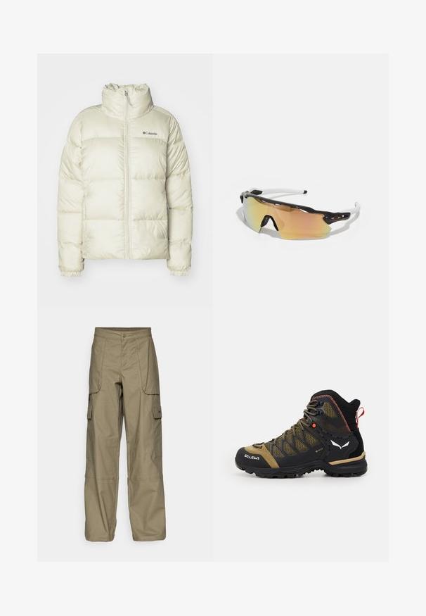 Pufferjack in off-white, met een hoge kraag, ritssluitingen en elastische manchetten. Gemaakt van gewatteerd, waterafstotend materiaal met logo-detail.; Zwarte katoenen t-shirt met een ronde hals en korte mouwen. Opvallend wit logo op de bovenlinker kant. Soepele textuur, casual pasvorm.; Olijfgroene cargobroek van stof, met een losse pasvorm, meerdere zijzakken en een knoopsluiting in de taille. Soepele textuur.; Mid-height wandelschoen in zwart en olijfgroen, met een bovenwerk van mesh, rubberen zool en textuurelementen met een achterste trekriem.; Zonnebril met een zwart-wit frame, grote spiegelglazen in gouden en roze tinten, aerodynamisch ontwerp en een verlengd buitenrand.