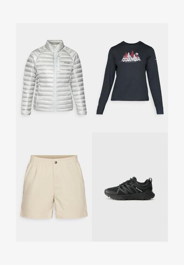 Hõbe puffjakki horisontaalse tikandi, kõrge kraega, ees oleva tõmblukuga ja tõmbluku taskuga rinnal. Vasakul küljel on logo.; Pikend varrukatega tumehall särk, millel on punaste puude ja mägede graafika; "COLUMBIA" logo julge valge tekstiga. Pehme kangas, tavaline ümmargune kaelus.; Bežid lühikesed püksid, mis on valmistatud kergest kangast, elastse vöökoha, esikottide ja ühe nupuga kinni, meeldiva sileda tekstuuriga.; Columbia PEAKFREAK - Matkajalatsid - black