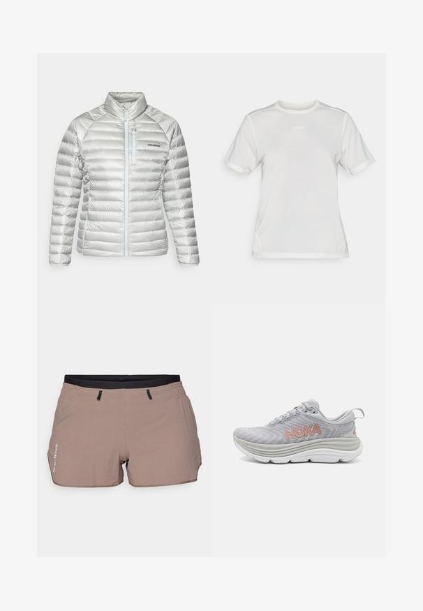 Strieborná pufi bunda s horizontálnym prešitím, vysokým golierom, predným zipsom a zipsovou náprsné kapsou. Na ľavej strane je umiestnené logo.; Biela športová sieťovina s krátkym rukávom a okrúhlym výstrihom s malým logom "Salomon" umiestneným v strede hrudníka.; Béžové šortky vyrobené z ľahkého materiálu, s textúrovaným vzorom, elastickým pásom s čiernymi akcentmi a dvoma bočnými vreckami.; HOKA GAVIOTA 5 - Cestná bežecká obuv - harbor mist/rose gold