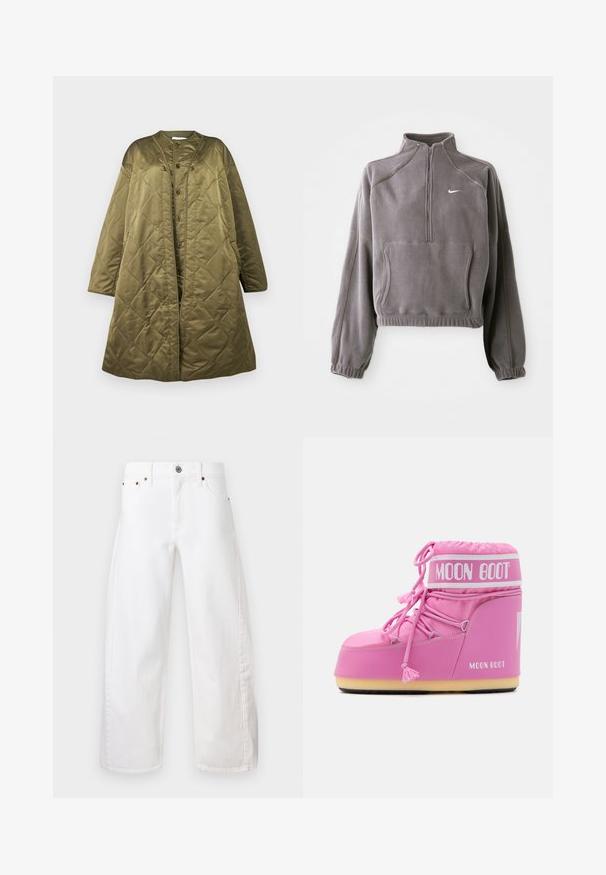 Duga maslinasto zelena jakna s kvadranim uzorkom, okruglim izrezom, prednjim kopčama na dugmad i kutijom siluetom. Glatka, sjajna tekstura s dijamantnim uzorkom.; Sivi flis pulover s četvrtim patentnim zatvaračem, sa elastičnim manžetama i rubom, prednjim džepom i malim bijelim logotipom na lijevoj strani grudnog koša.; Bijele široke traperice od pamučnog denima. Imaju kopčanje na dugme i patentni zatvarač, prednje džepove i suptilno šivanje duž šavova.; Ružičasta Moon Boot s visokim vrhom, teksturiranom tkaninom, dekorativnim vezicama i oznakom branda. Ima izdržljiv potplat za stabilnost.