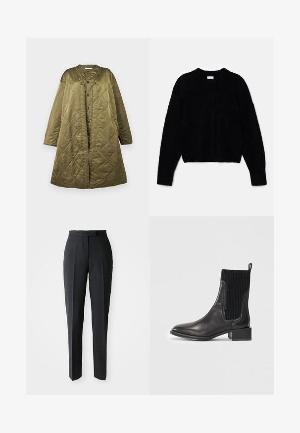 Langer olivgrüner gesteppter Mantel mit rundem Ausschnitt, vorderen Druckknöpfen und kastiger Silhouette. Glatte, glänzende Textur mit Rautenmuster.; Schwarzer, kurzer Pullover aus plüschigem Material. Mit einem runden Ausschnitt und langen Ärmeln mit einer weichen Textur. Minimalistisches Design, keine Muster.; Schwarze, taillierte gerade Hosen mit hoher Taille und Bügelfalten, vor einem schlichten hellen Hintergrund präsentiert.; Schwarze Leder-Ankle-Boots mit geripptem schwarzen elastischen Einsatz, quadratischer Zehenform und niedrigem Blockabsatz. Glatte Oberfläche mit minimalen Nähdetails.