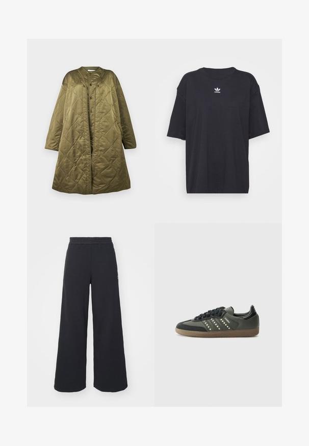 Duga maslinasto zelena jakna s kvadranim uzorkom, okruglim izrezom, prednjim kopčama na dugmad i kutijom siluetom. Glatka, sjajna tekstura s dijamantnim uzorkom.; Crna pamučna majica kratkih rukava, okruglog izreza, s bijelim Adidas logom na prsima. Jednostavan dizajn, opušteni kroj.; Crne široke sweatpants hlače napravljene od mekog materijala, s elastičnim strukom i malim logotipom s lijeve strane.; adidas Originals SAMBA OG - Tenisice - core black/legend earth/gum