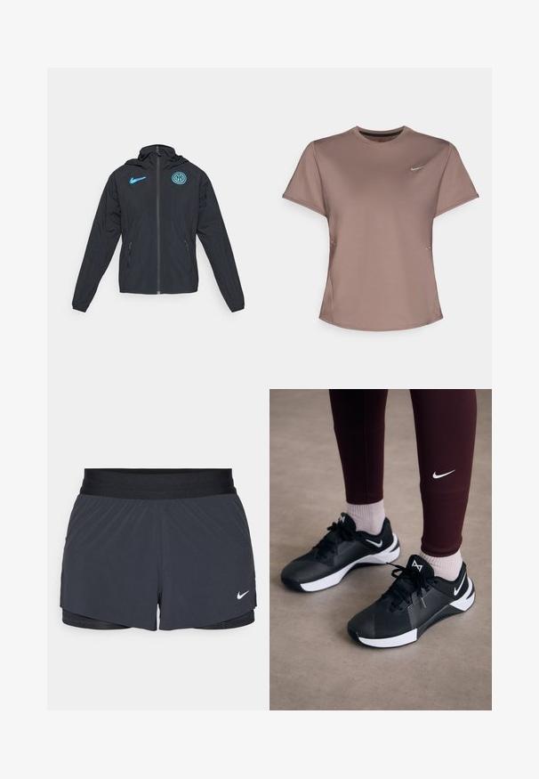 Black windbreaker jacket with hood, featuring a blue Nike logo and Inter Milan emblem, zip closure, and side pockets.; Brown athletic t-shirt with a crew neck, short sleeves, and subtle side slit details. Features a small reflective Nike logo on the chest.; Black athletic shorts with an elastic waistband, featuring a layered design and a small white Nike logo on the lower left. Lightweight material.; Black athletic shoes with a textured upper and white accents, featuring laces and a side logo. Worn with maroon leggings and light socks.