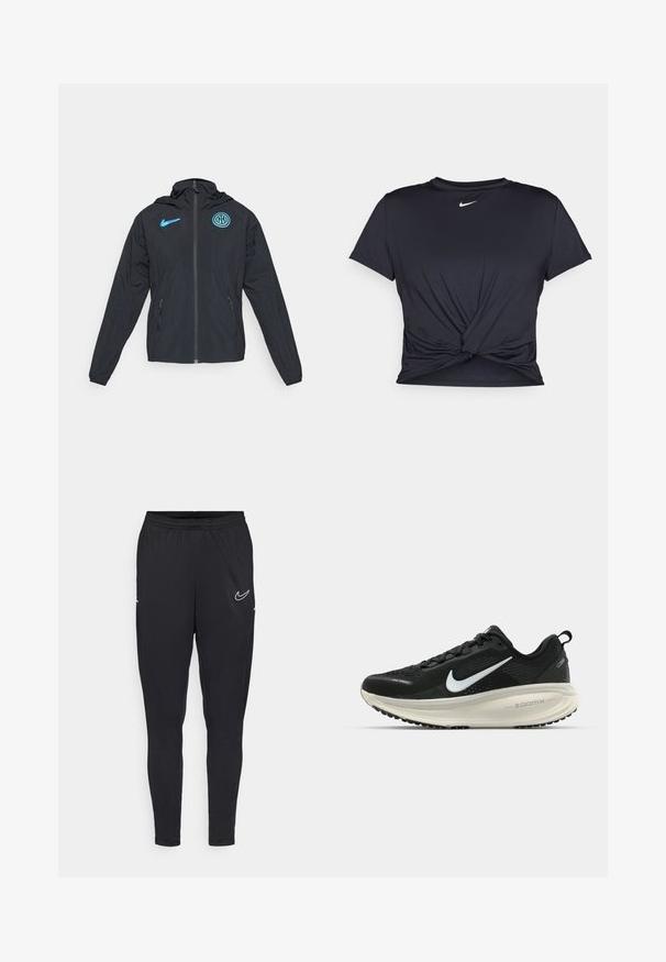 Schwarze Windbreaker-Jacke mit Kapuze, mit blauem Nike-Logo und Inter Mailand-Emblem, Reißverschluss und Seitentaschen.; Schwarzes Sport-T-Shirt aus glattem Stoff, mit einem geknoteten Vorderdesign und einem kleinen weißen Nike-Logo auf der Brust.; Schwarze Sporthose aus leichtem Stoff, mit elastischem Bund, schmaler Passform und einem weißen Nike-Logo am Oberschenkel.; Schwarzer Nike-Laufschuh mit atmungsaktivem Mesh-Obermaterial, weißem Swoosh-Logo, strukturierten Details und einer cremefarbenen ZoomX-Zwischensohle.